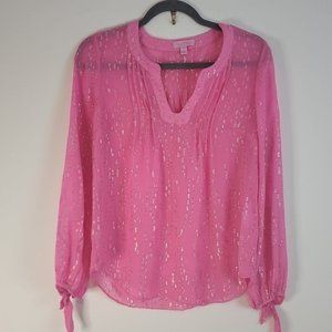 Lilly Pulitzer Pink Silk Gold Metallic Print Long Sleeve Top XS S19